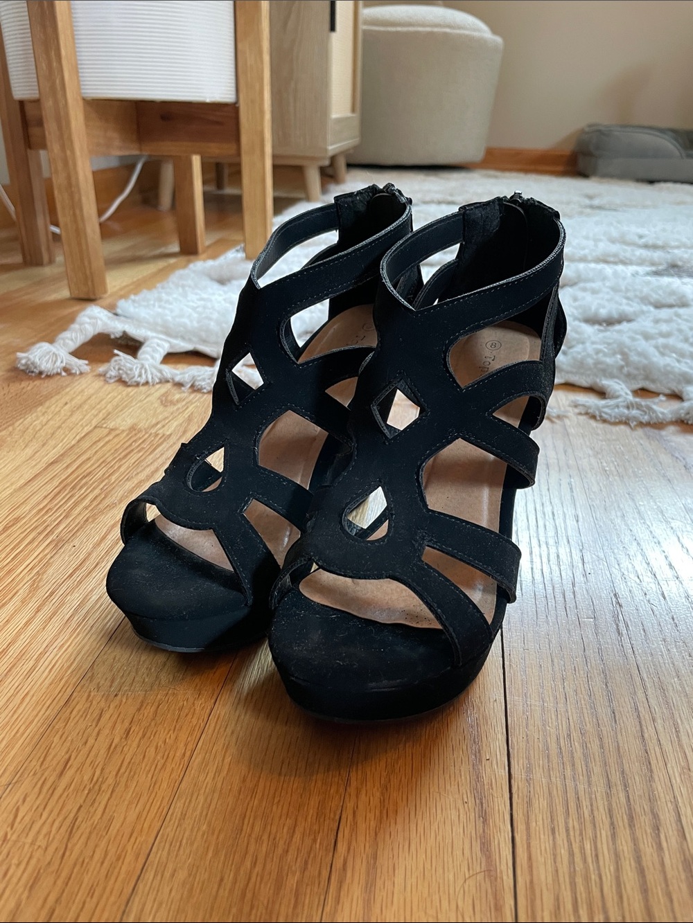 Women's Black Strappy Cutout Wedge Sandals